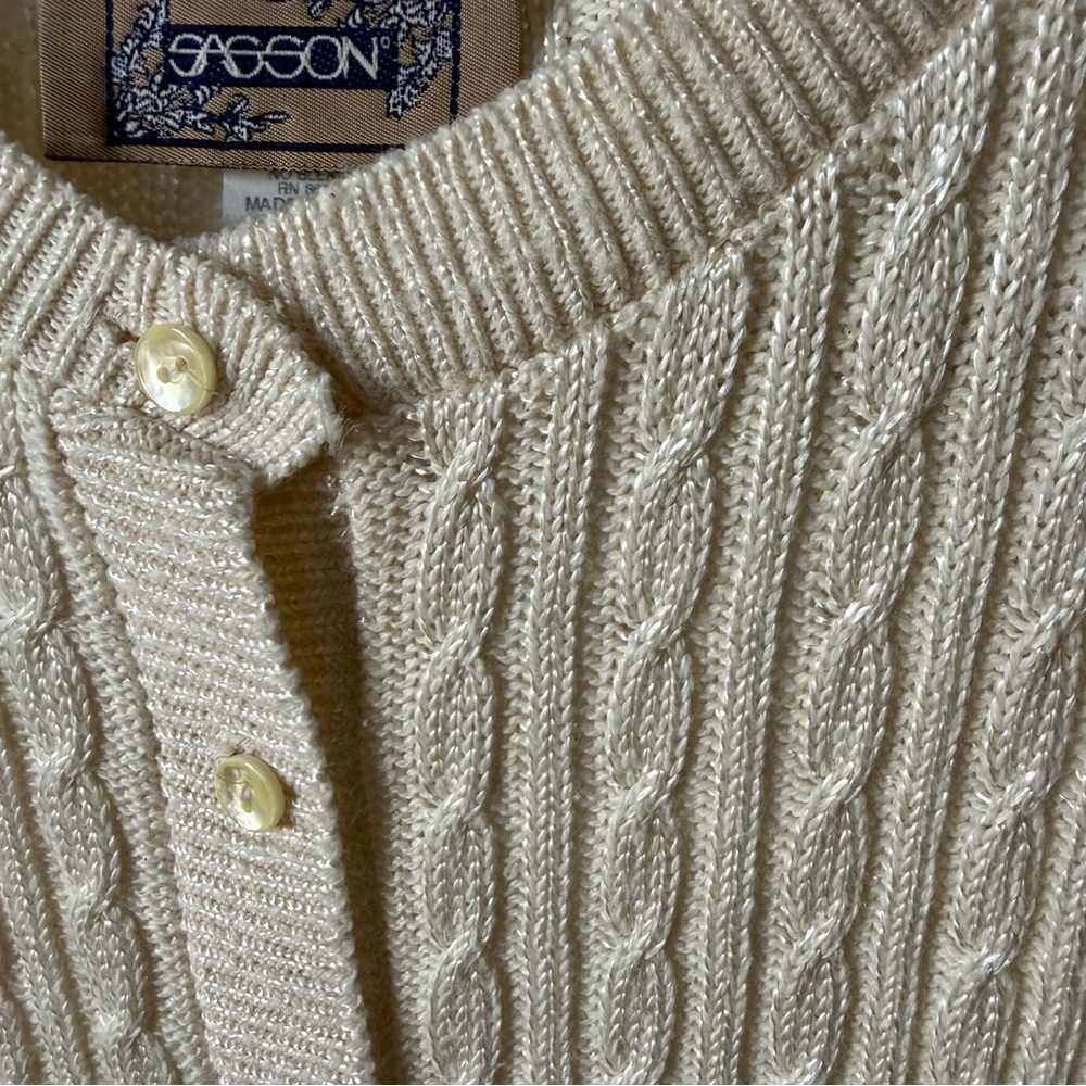 Vintage Cable Knit Short Sleeve Cardigan Ivory Button Front Size M USA Made - Picture 3 of 5